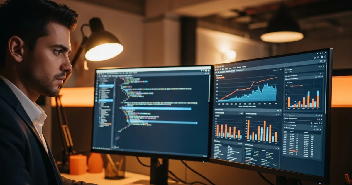 Offshore data engineer reviewing a machine learning data pipeline and model training dashboard