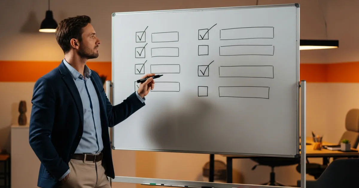 SMB operator reviewing a machine learning outsourcing decision checklist on a whiteboard