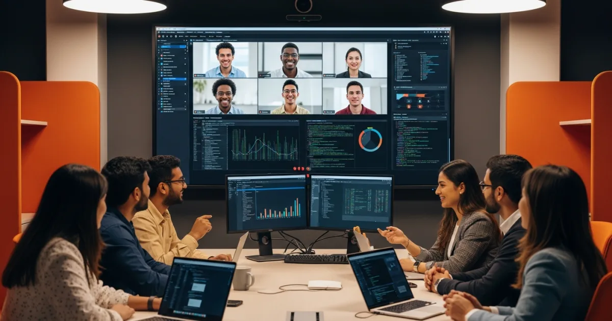 Offshore machine learning and data engineering team collaborating on a video call with a US-based SMB team