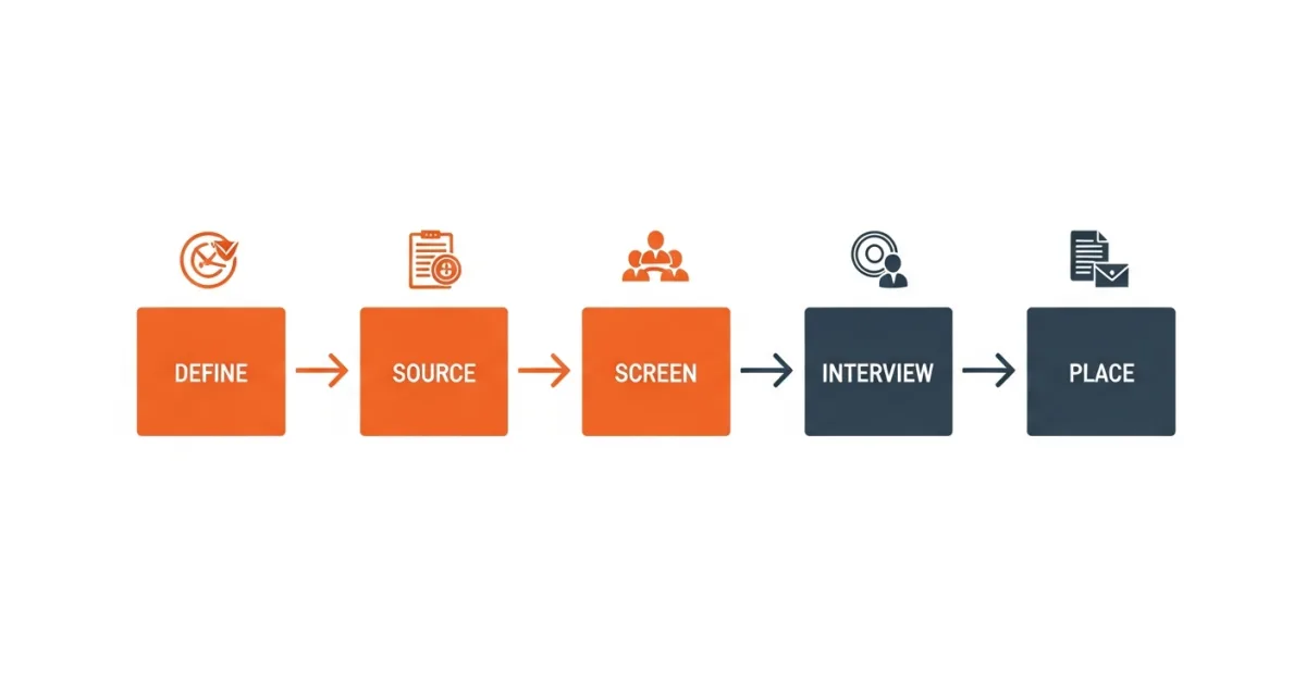 5-stage nearshore recruiting framework diagram showing define, source, screen, interview, and place stages