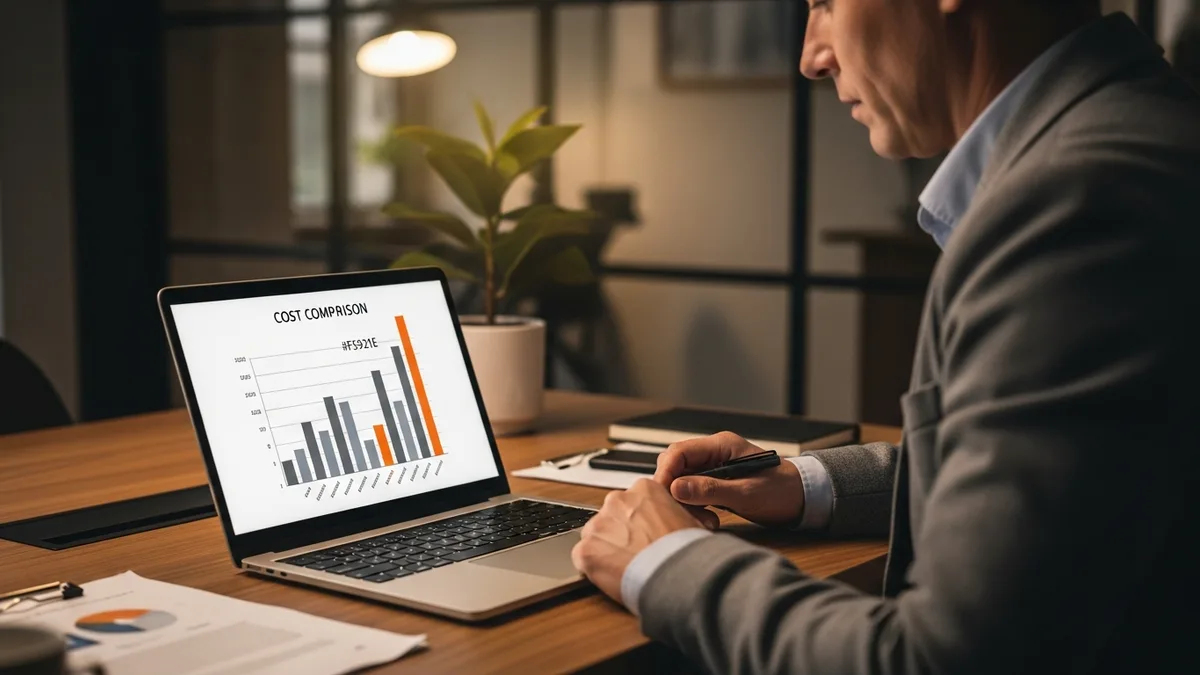 Business owner reviewing a cost comparison chart between nearshore recruiting fees and traditional staffing agency markup on a laptop