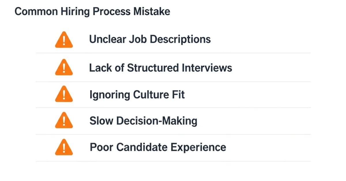 Checklist of common nearshore recruiting mistakes including vague role briefs, inconsistent interview scoring, and missing onboarding plans