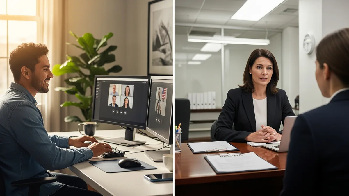 Split scene comparing a nearshore recruiter building an embedded remote team with a traditional staffing agency filling a temporary local role