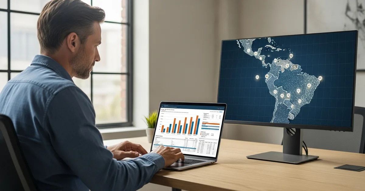 US engineering manager reviewing nearshore software development cost estimates with a Latin America rate map on screen