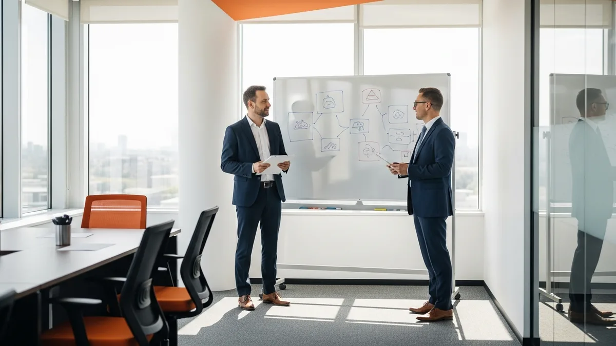 Two professionals discussing a decision framework for choosing between nearshore software development and a staffing agency