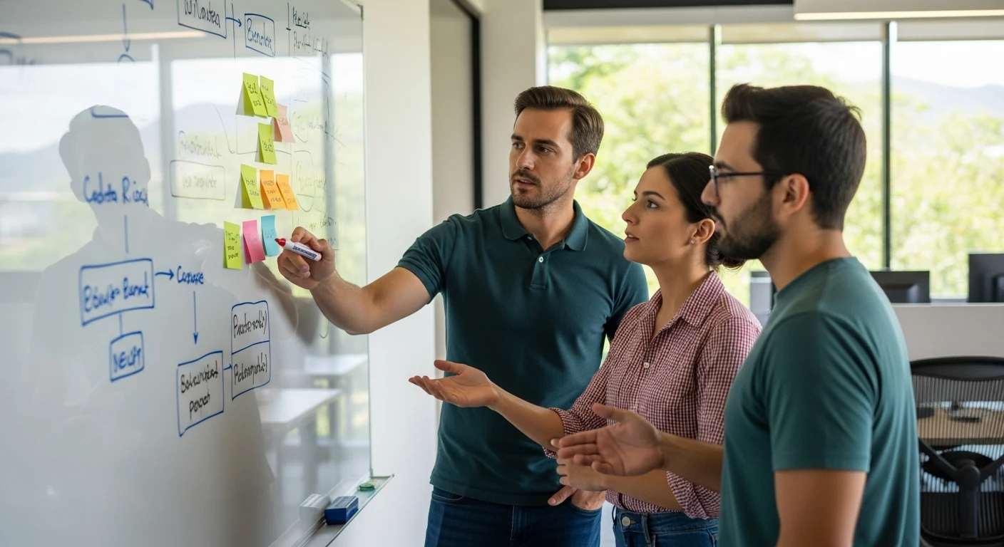 Nearshore software development pod of engineers reviewing a sprint board together in San Jose Costa Rica