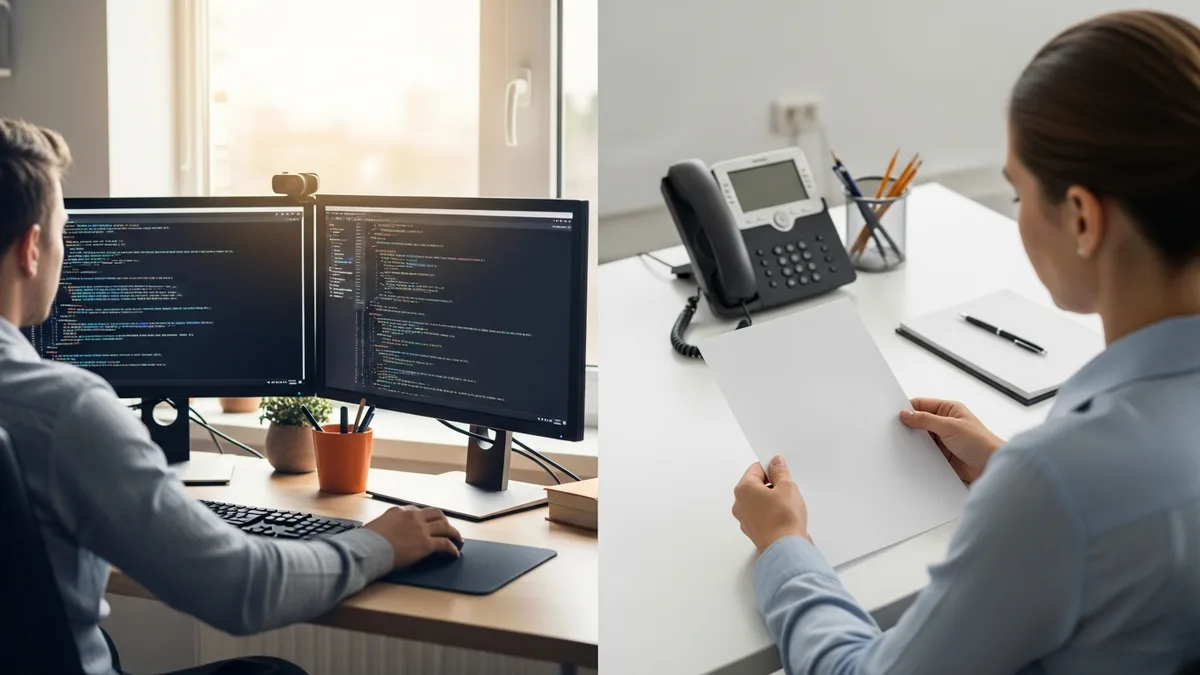 Split scene comparing a nearshore software developer at a home office desk with a US staffing agency recruiter reviewing a document