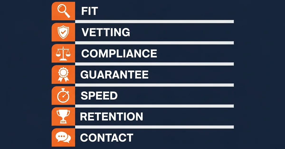 7-point nearshore staffing agency evaluation scorecard covering specialization, vetting rate, compliance, replacement guarantee, hiring speed, retention, and communication