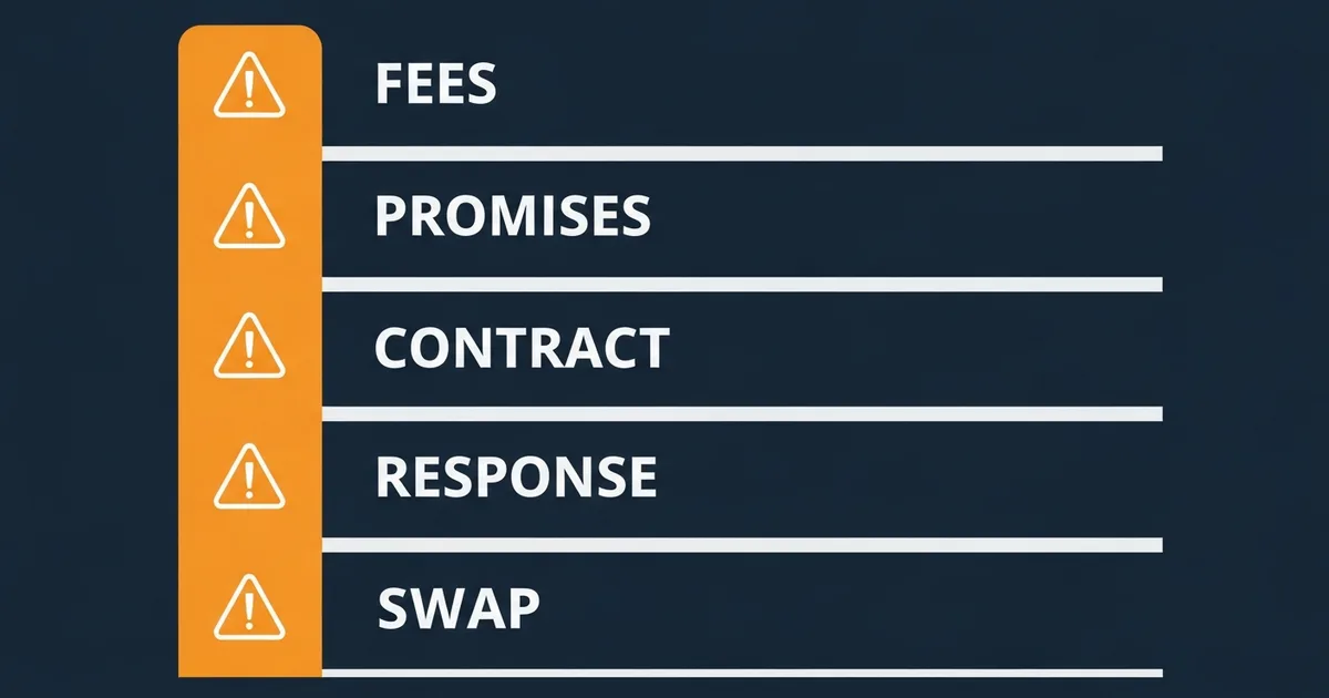 Nearshore staffing agency red flags checklist with warning icons for vague fees, empty guarantees, and lock-in contracts