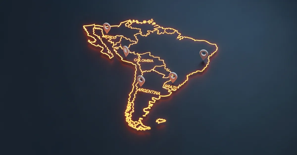 map comparing nearshore staffing agency hourly rates across mexico colombia argentina and brazil in 2026