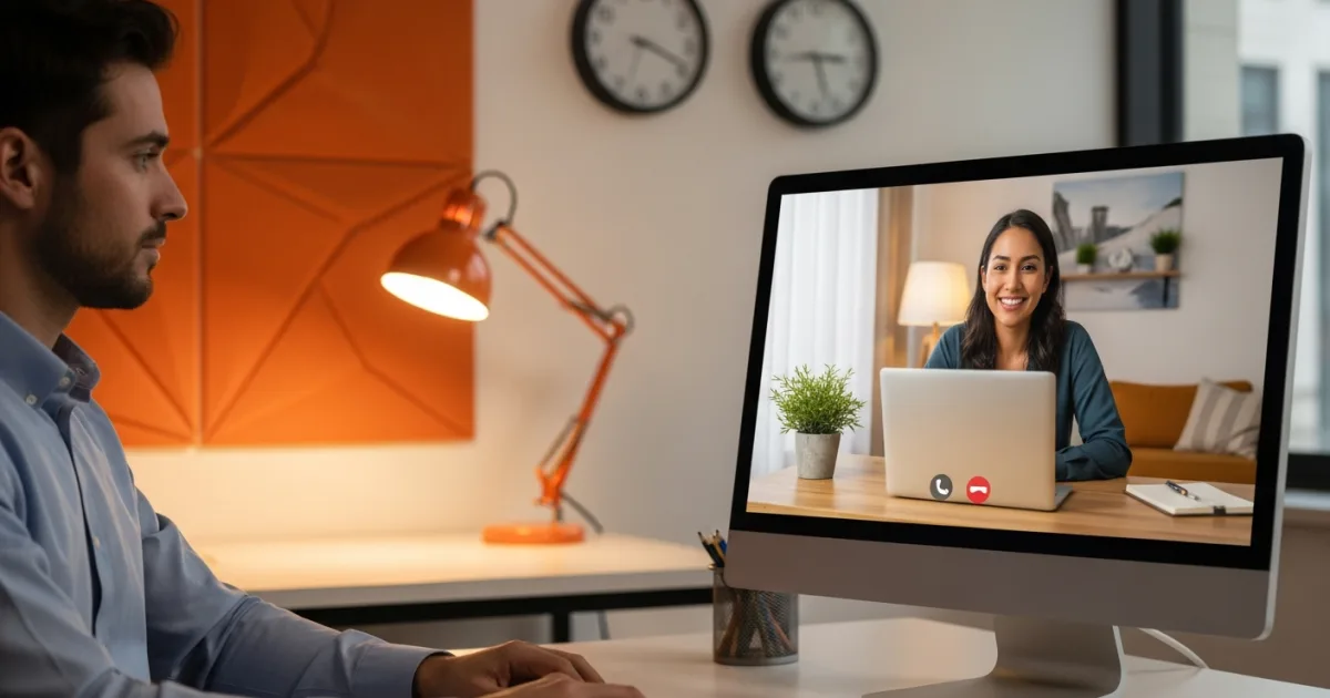 Distributed team on a video call showing real time collaboration between a US office and a nearshore team member during overlapping business hours
