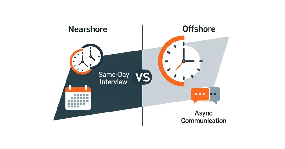 Comparison chart of nearshore versus offshore recruiting workflow showing interview scheduling, reference checks, and time zone overlap