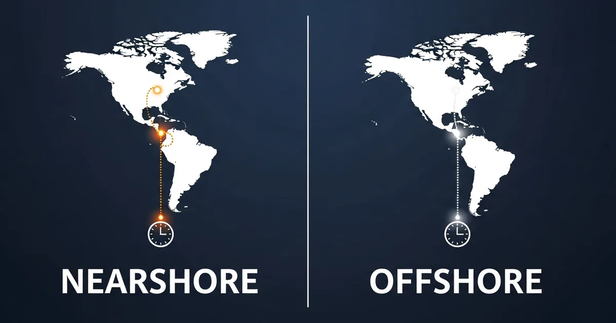 Nearshore vs offshore staffing comparison chart showing time zone overlap, cost range, and attrition benchmarks