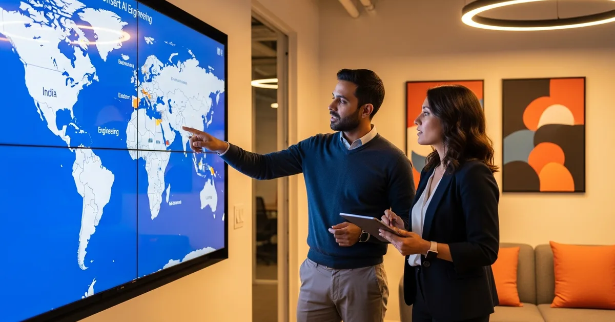 Team reviewing offshore AI engineering candidate profiles from India, Eastern Europe, and Latin America on a world map dashboard