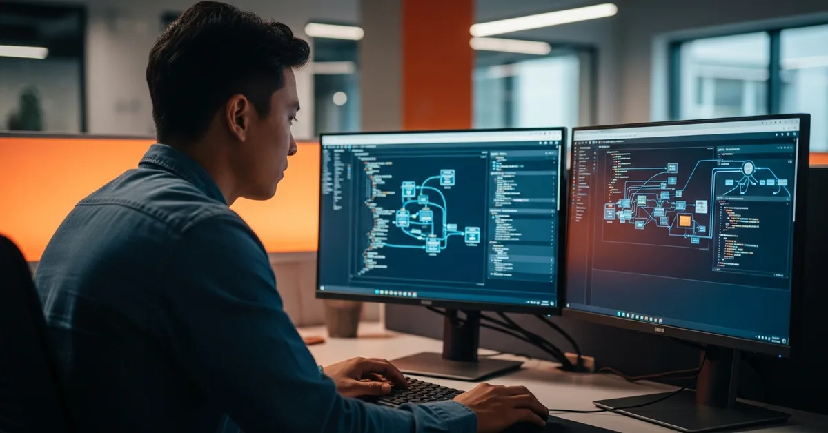 Offshore AI engineer building a retrieval-augmented generation pipeline and agent workflow on a dual-monitor setup