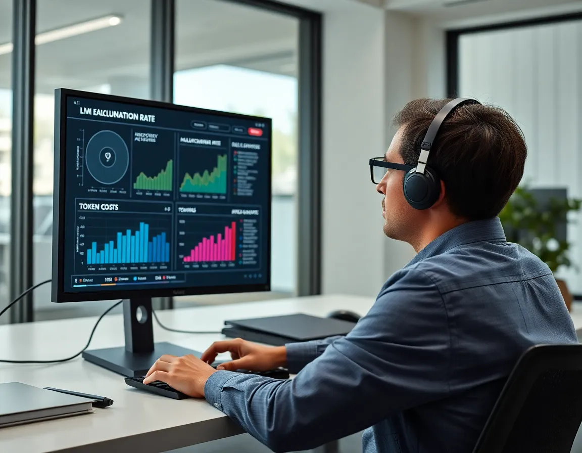 Offshore AI engineer reviewing an LLM evaluation dashboard for Kore BPO