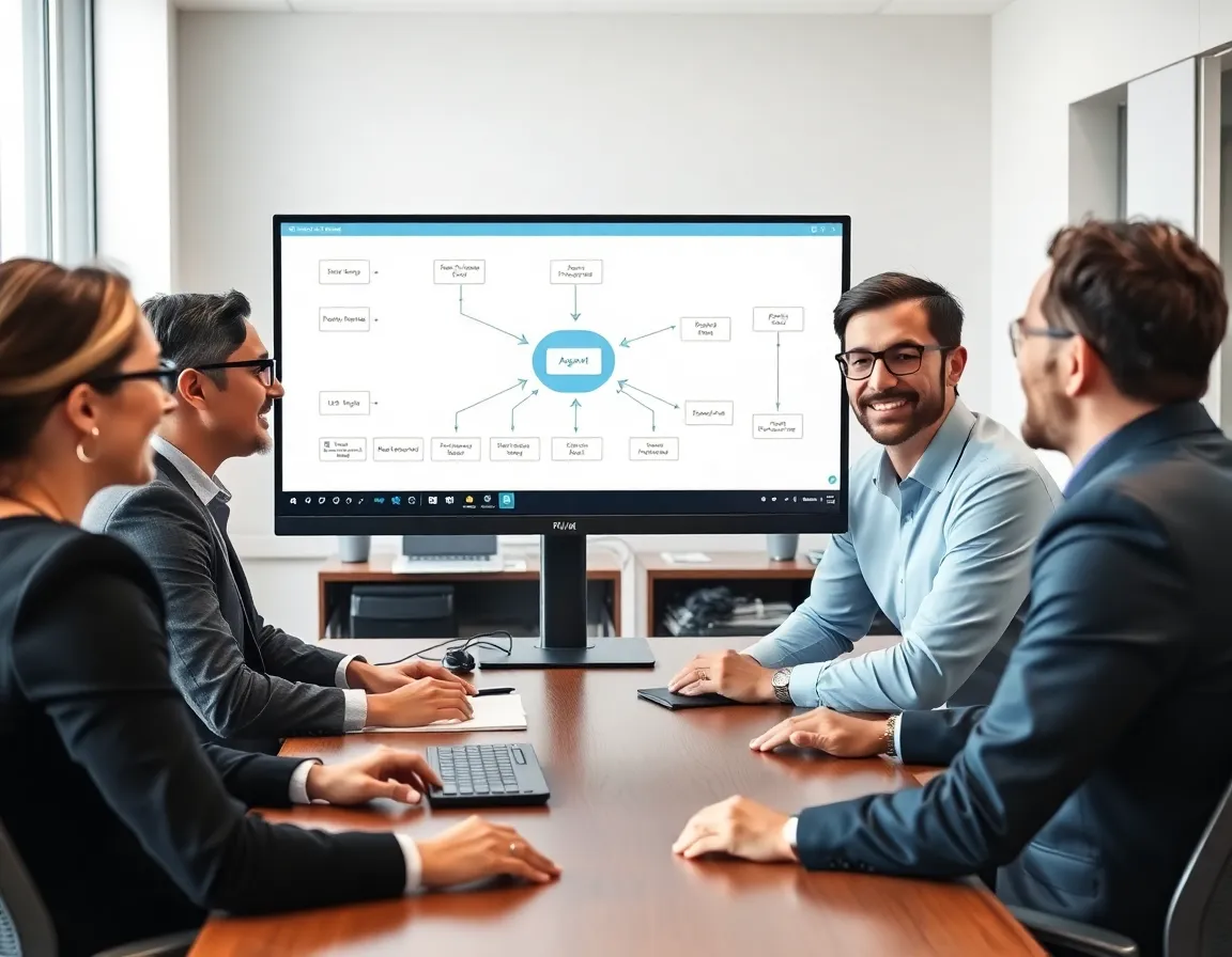 Offshore AI engineering specialists collaborating on an agent workflow for Kore BPO