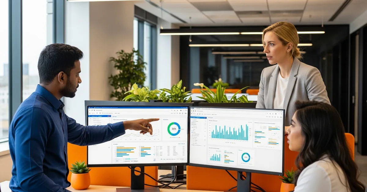 offshore business intelligence development team reviewing dashboards in a modern office
