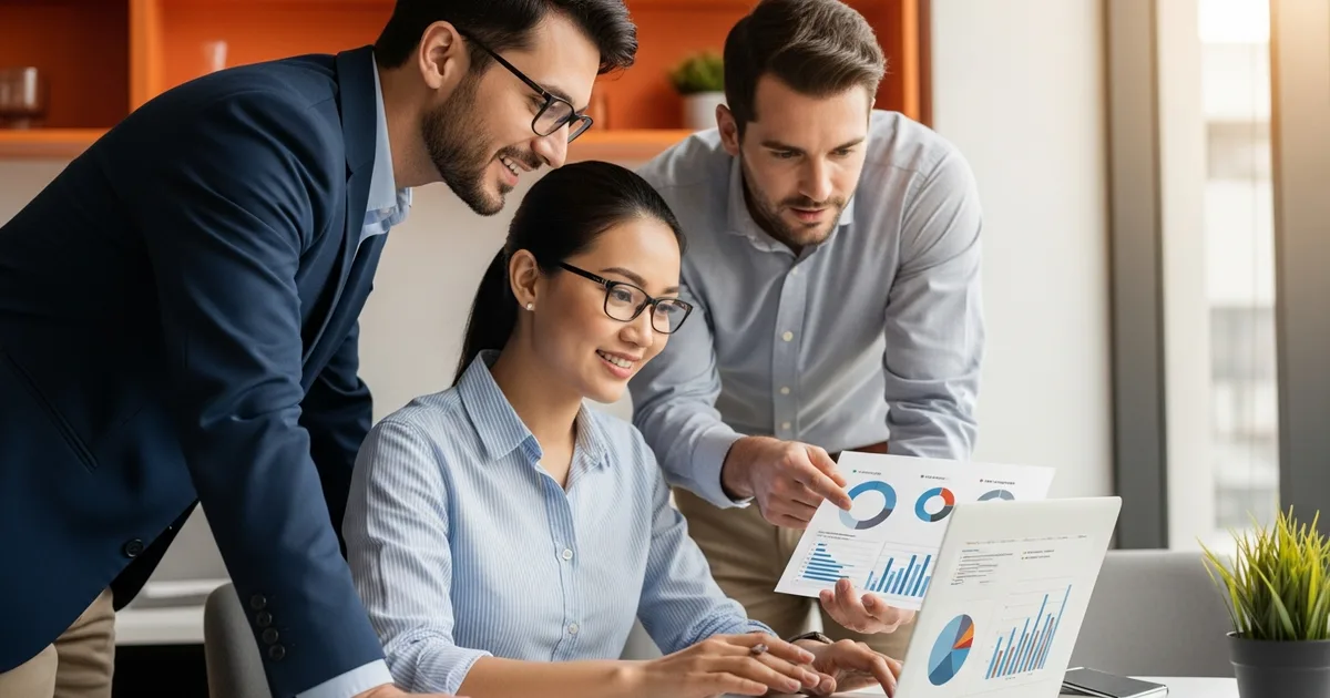 US business team and offshore BI partner reviewing a vendor decision on a laptop