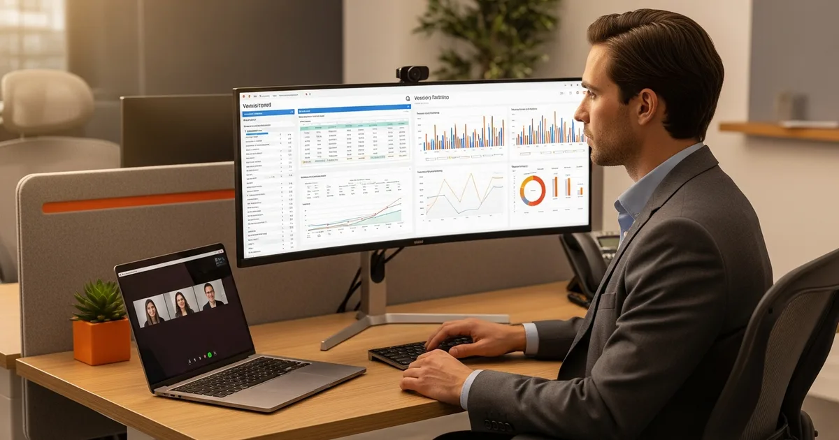 analyst comparing offshore BI vendor scorecards on a monitor during a evaluation call