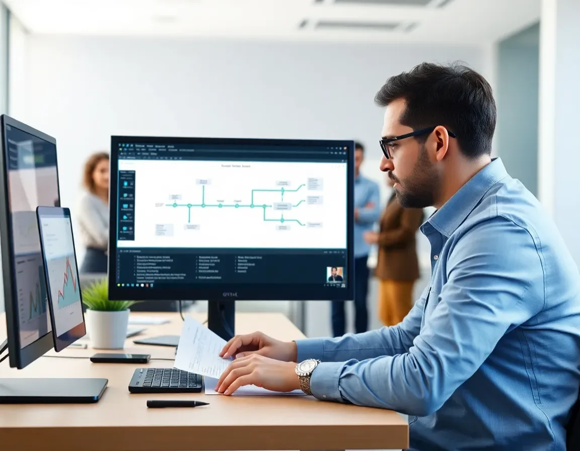 Offshore ETL developer reviewing a data pipeline architecture for Kore BPO