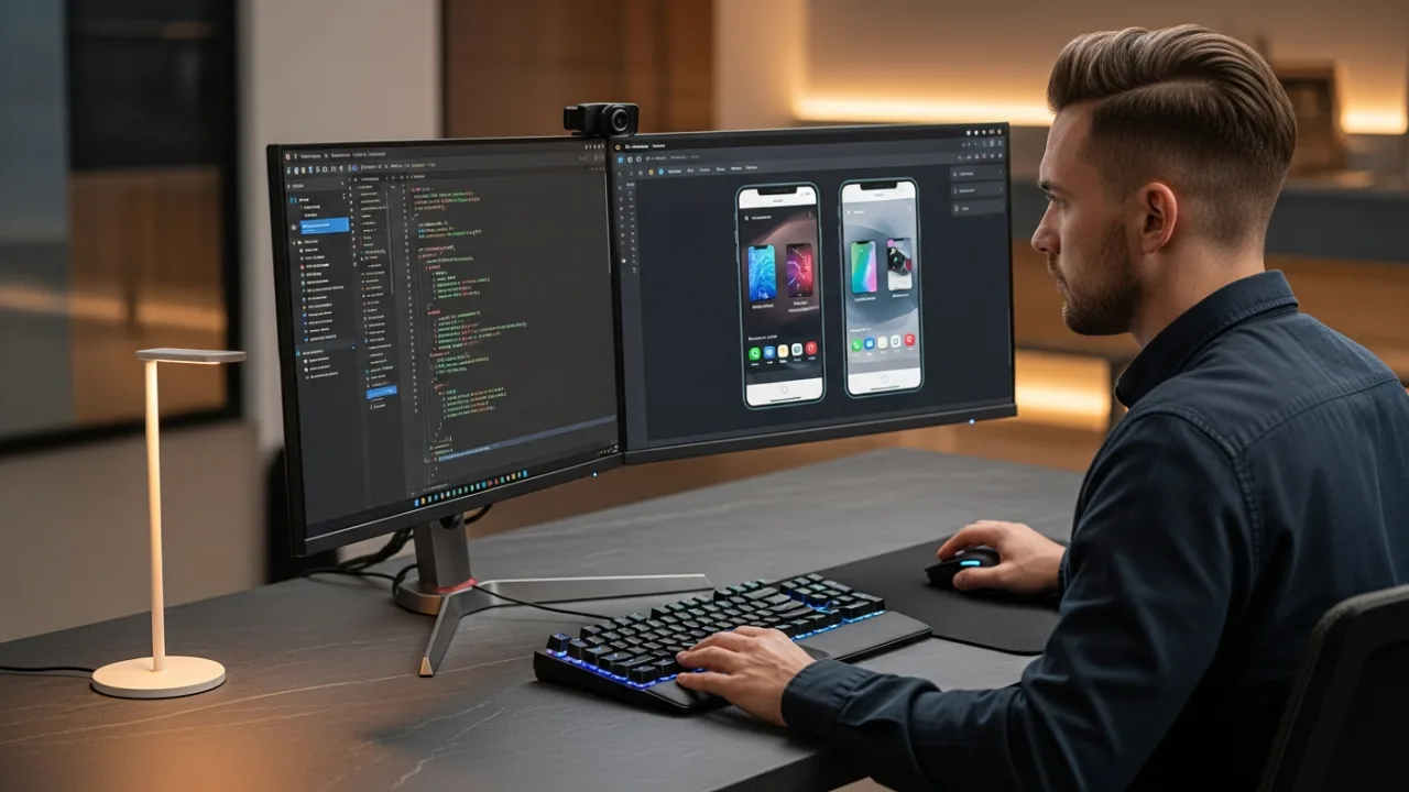 Offshore Flutter developer working on cross-platform mobile app at dual monitor setup