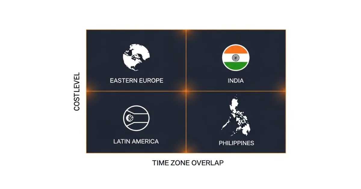 Decision matrix matching offshore country to Golang project type including API work, fintech, real-time collaboration, and English-first teams