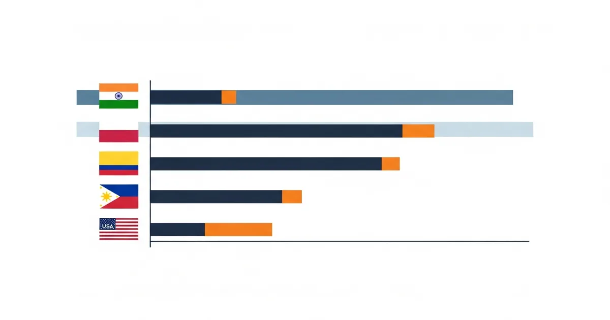 Bar chart comparing offshore Golang developer hourly rates by country in 2026 across India, Eastern Europe, Latin America, Philippines, and US