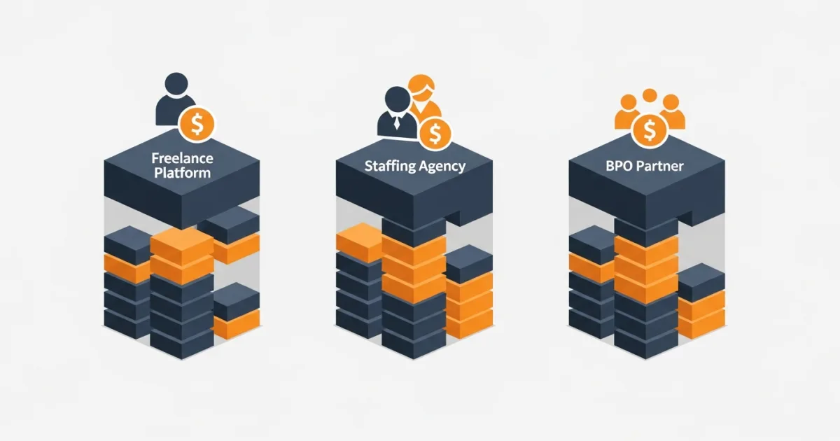 Comparison graphic showing true all-in annual cost for offshore Golang developer across freelance platform, staff augmentation, and BPO partner models