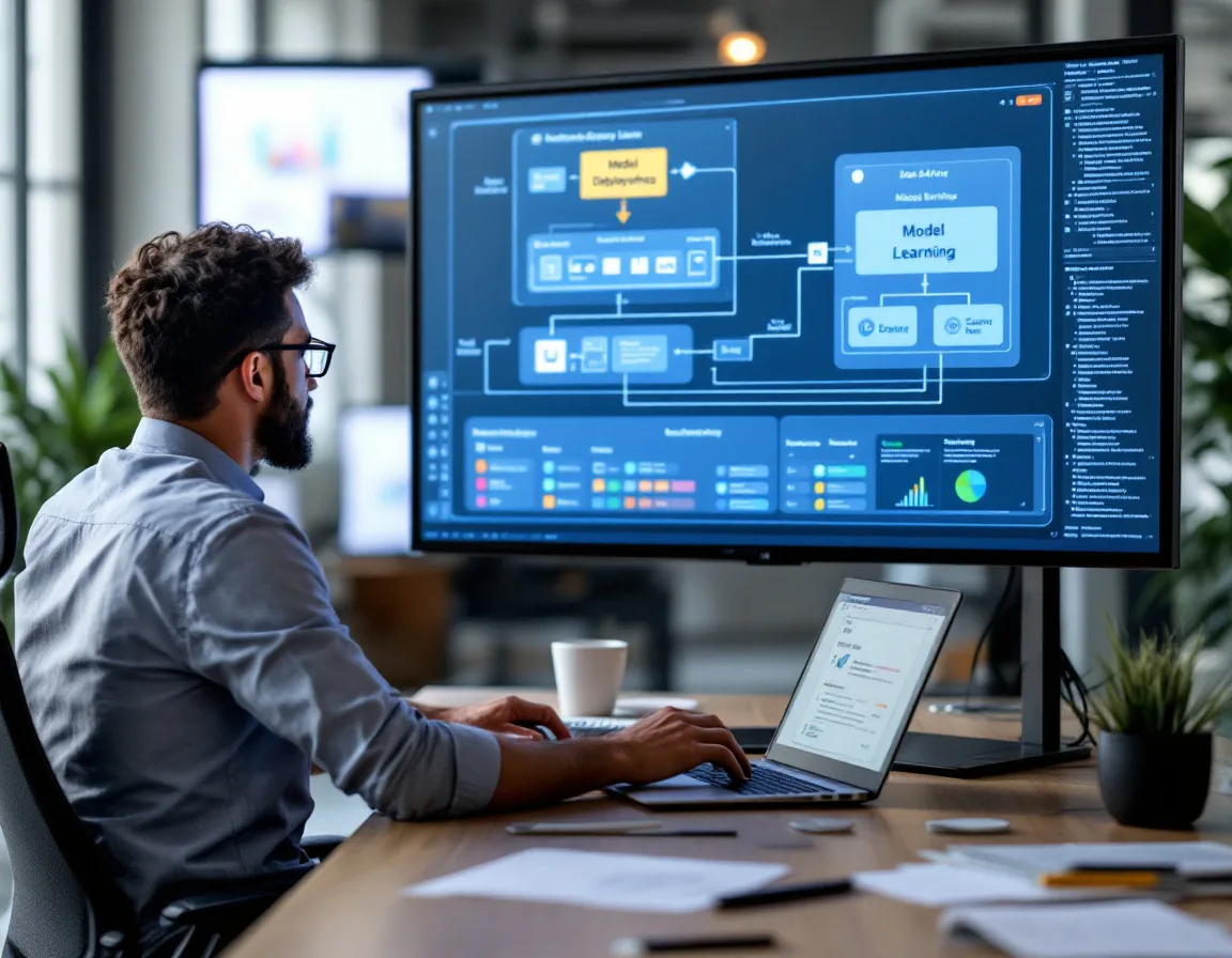 Offshore machine learning engineer reviewing a model deployment pipeline for Kore BPO