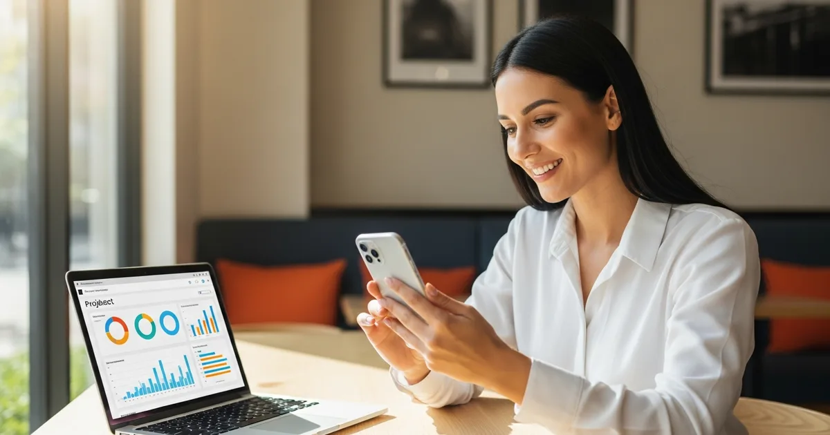 SMB business owner reviewing mobile app development progress on a tablet in a modern office with offshore developer on video call
