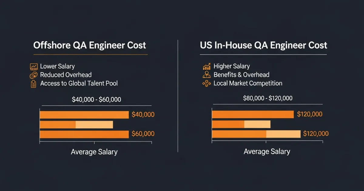 side by side comparison of US in-house QA engineer costs versus offshore QA engineer costs showing salary benefits and total cost