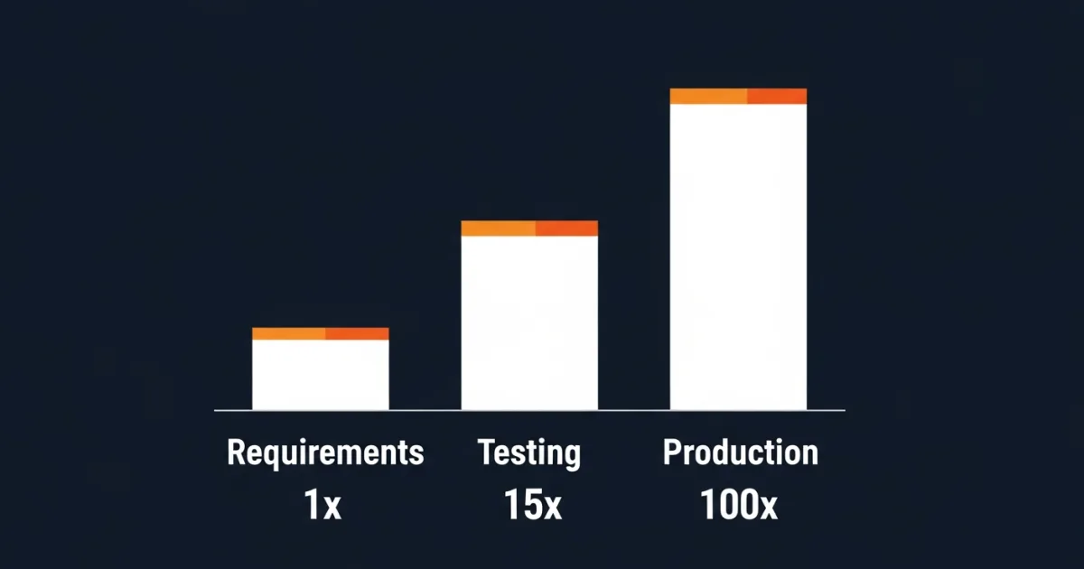 infographic showing software defect cost increasing from 1x at requirements phase to 100x in production for offshore engineering teams