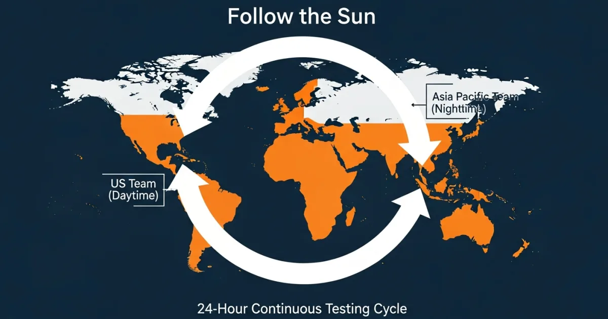 follow the sun offshore qa workflow diagram showing how offshore dev and qa teams hand off work across time zones for continuous testing