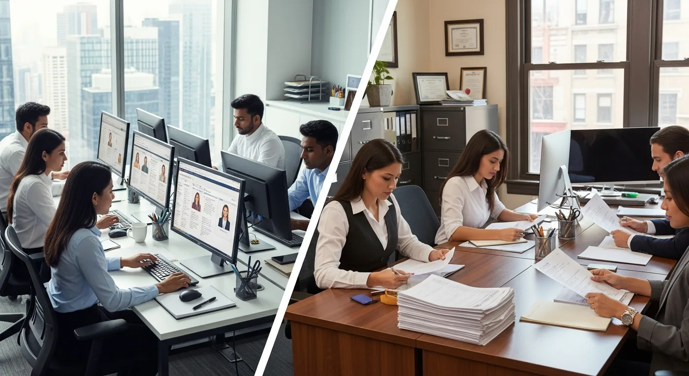 Split comparison of an offshore recruiting team and a traditional staffing agency team reviewing candidates