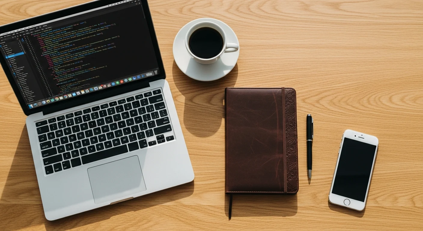 Desk with a laptop showing code next to a notebook, coffee, and phone representing offshore software development planning