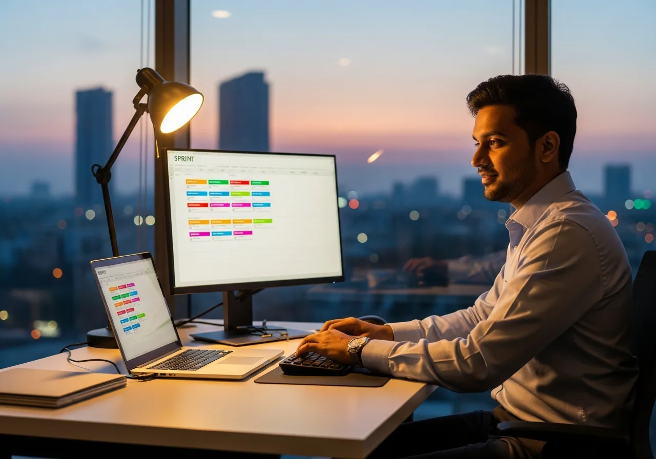 Offshore software development engineer working late in Hyderabad India office with city skyline at dusk, reviewing a sprint board