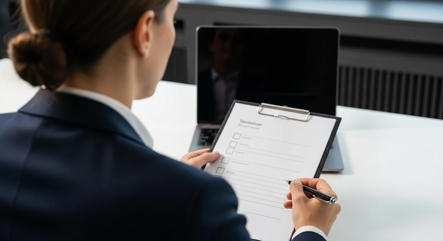 Professional reviewing a candidate evaluation checklist on a clipboard while vetting an offshore software development partner