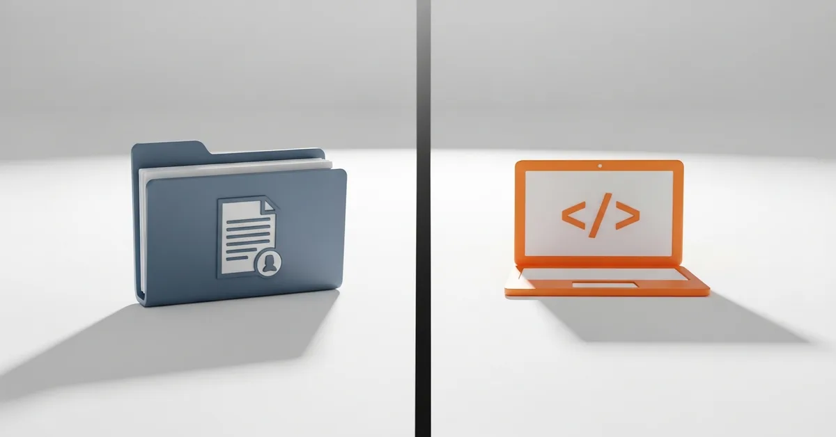 split graphic of a staffing agency contract folder icon versus an offshore developer laptop icon, representing offshore software development vs traditional staffing agency