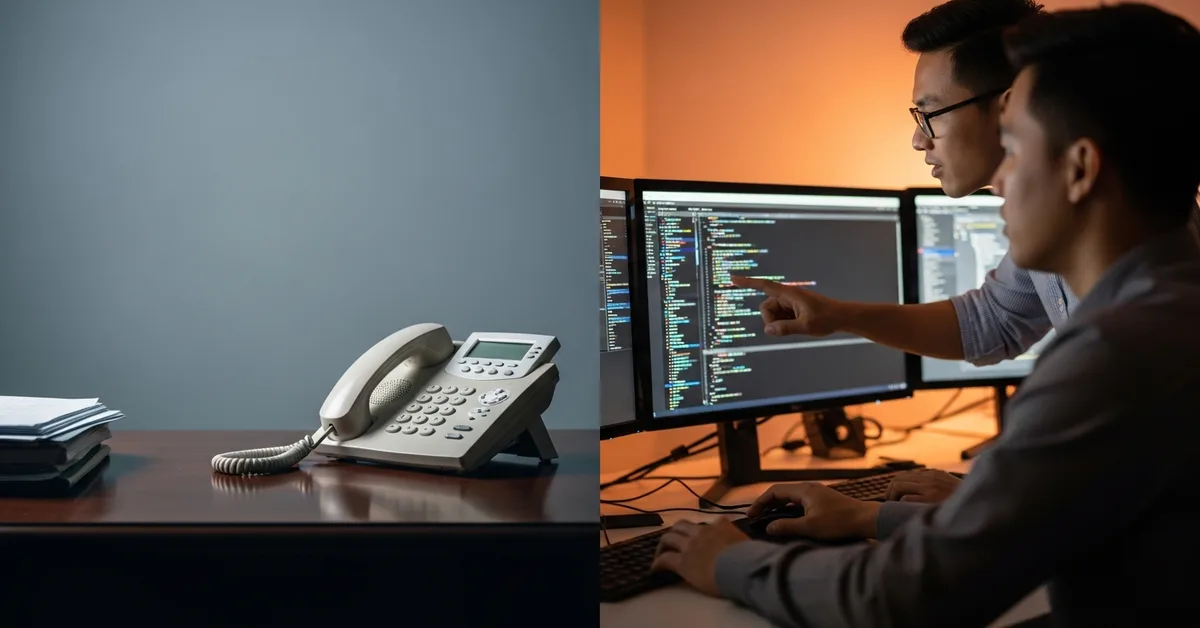 split view of an empty traditional staffing agency office desk next to offshore software developers collaborating at monitors, representing offshore software development vs traditional staffing agency comparison