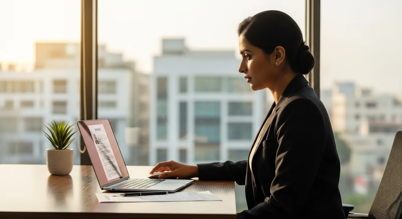 Offshore staffing agency recruiter reviewing a candidate resume in a Hyderabad India office