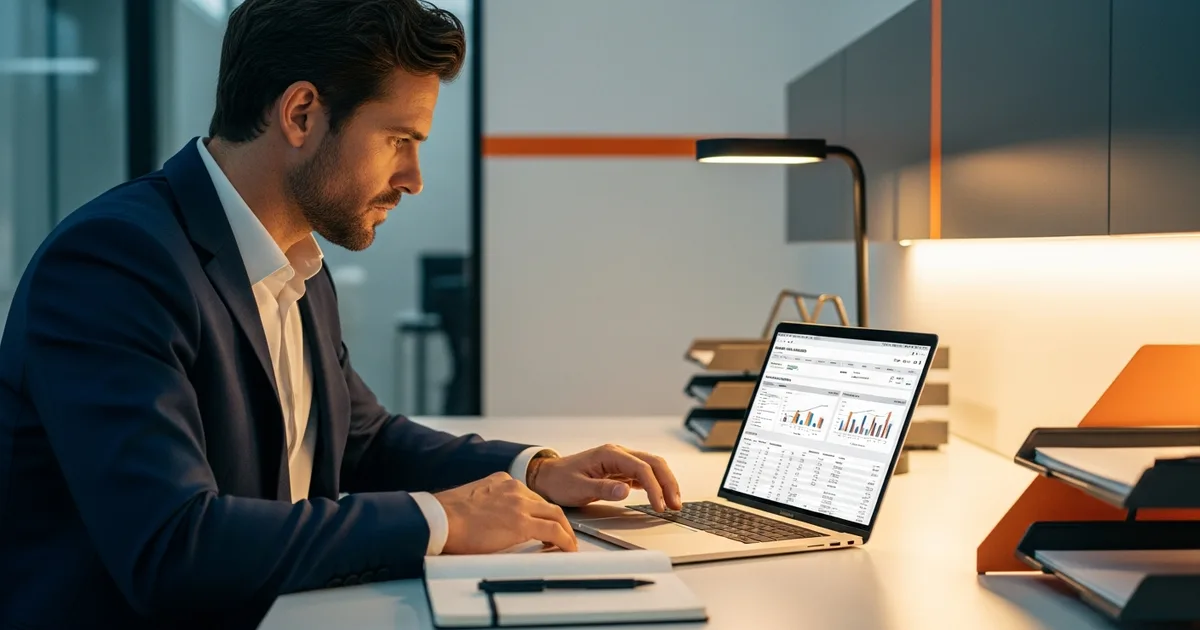 Business professional reviewing a cost breakdown comparing offshore staffing rates to traditional domestic staffing agency fees on a laptop