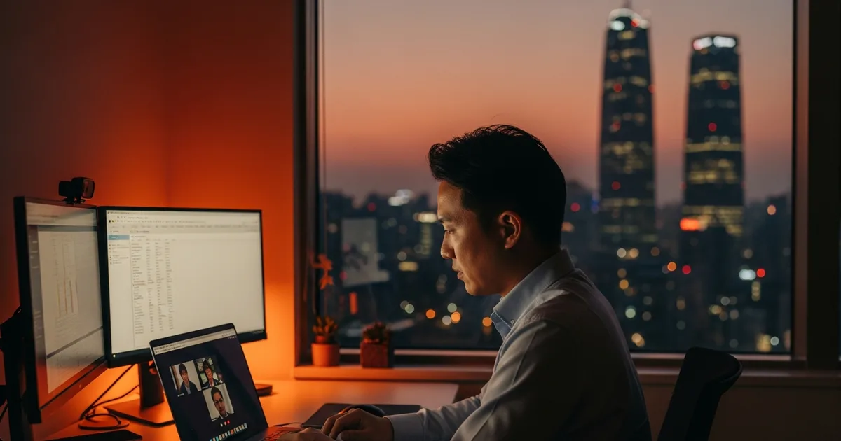Offshore team member on a video call during a night-shift schedule set to overlap with US business hours