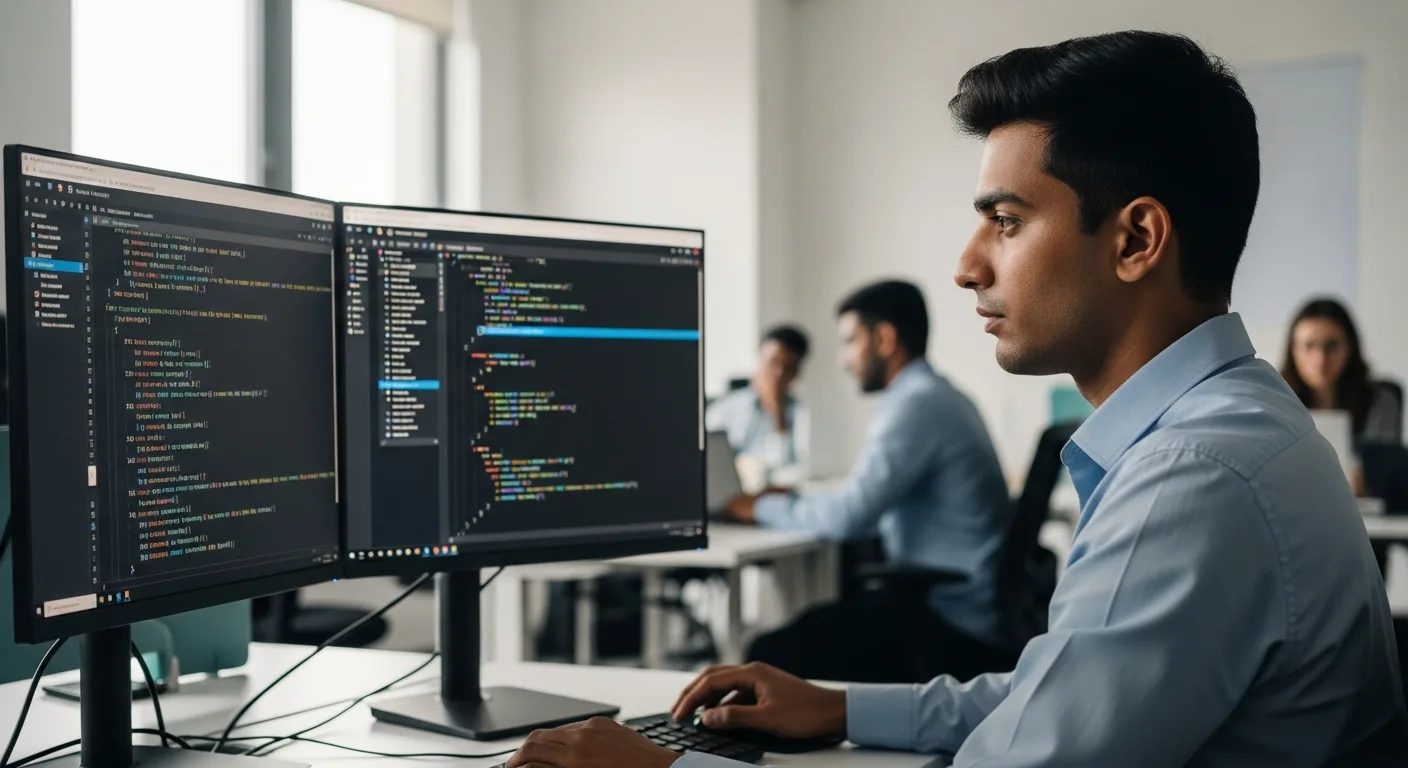 Offshore TypeScript developer reviewing strict-mode type definitions on dual monitors in a modern Hyderabad office