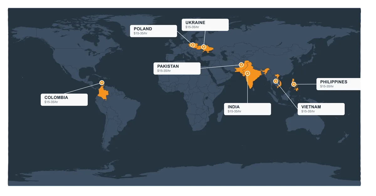 world map highlighting the 7 best countries to hire offshore WordPress developers with rate labels