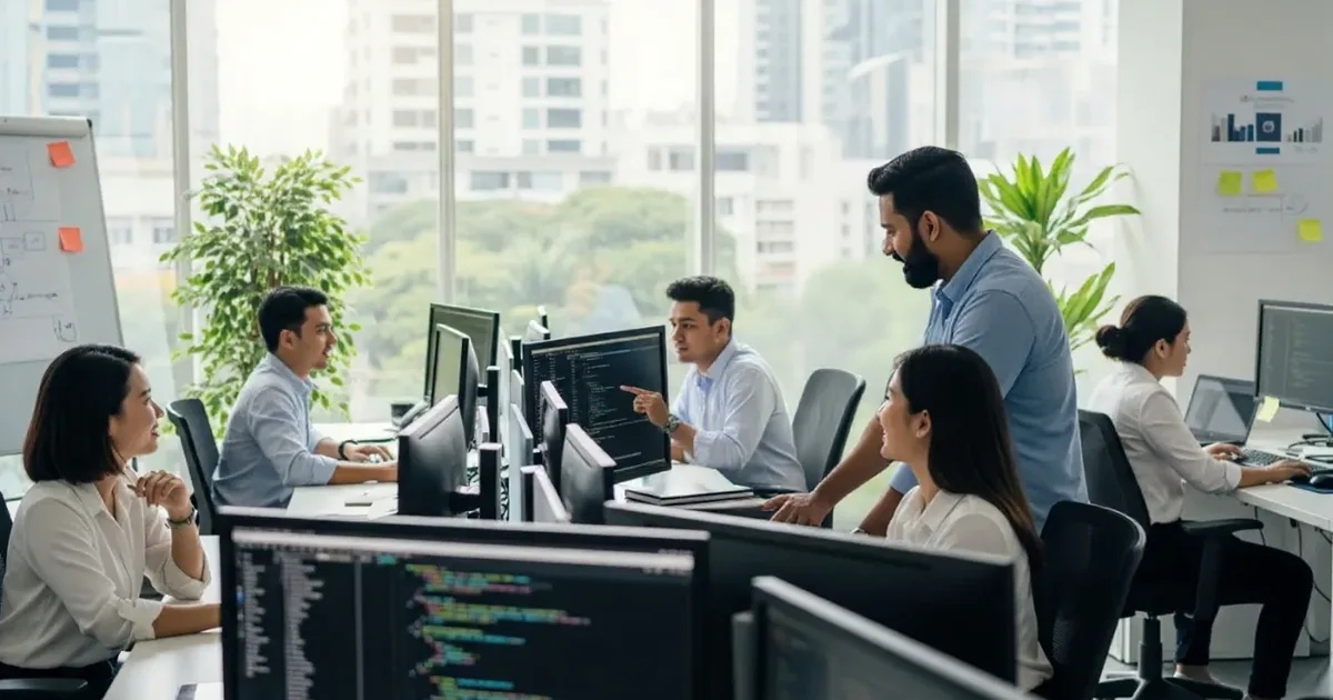 Offshore WordPress development team collaborating in a modern professional office