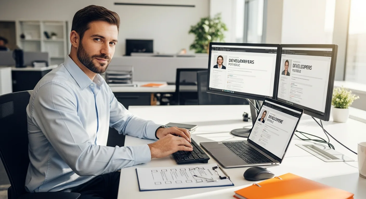 hiring manager reviewing offshore WordPress developer portfolio and vetting checklist on a laptop