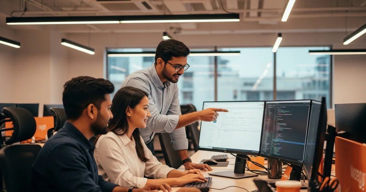 offshore wordpress development team of three collaborating on react and wordpress codebase in modern office environment