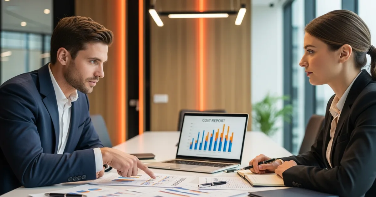two finance professionals comparing cost reports for outsourced cfo offshore accountant and faas models