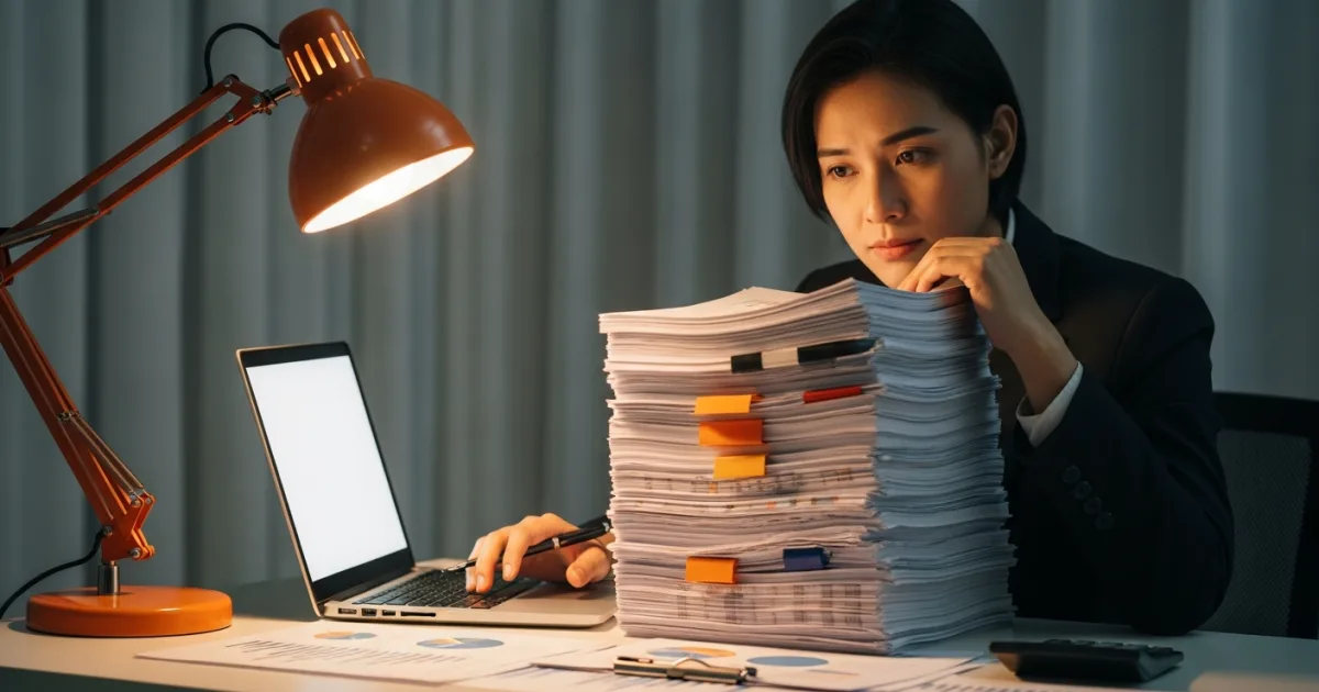 business owner reviewing a stack of financial reports late at night, a sign a finance model has been outgrown